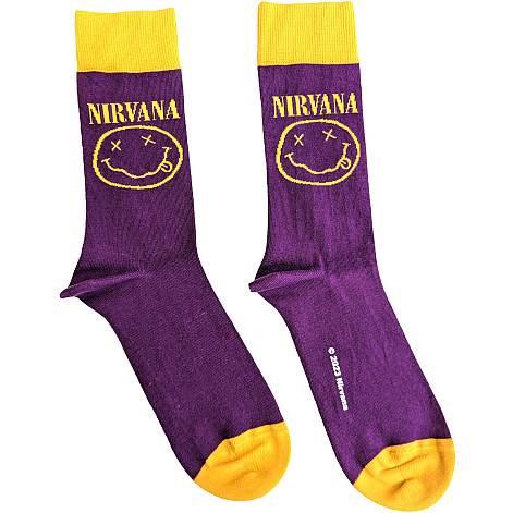 Nirvana ponožky, Yellow Happy Face Purple, unisex - velikost 7 až 11 (41 až 45)