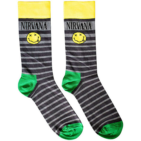 Nirvana ponožky, Happy Face & Logo Stripes Grey, unisex - velikost 6 až 11 (39 až 45)